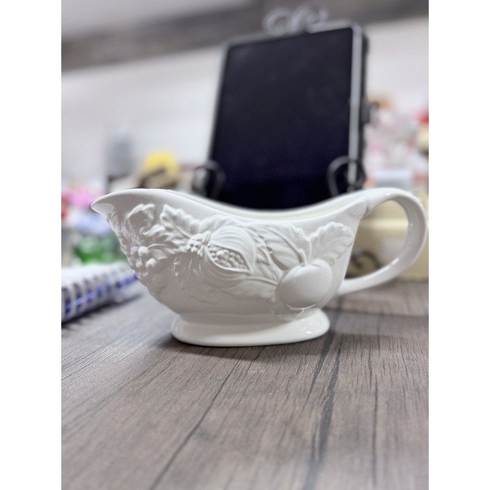 Gibson Elite Gravy Boat White Fruit Ceramic Embossed Serving Dish